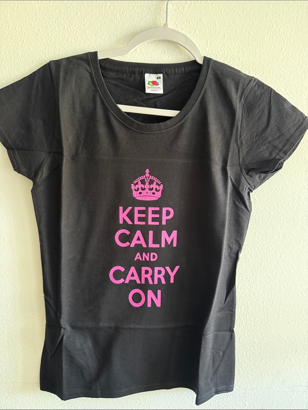 NWT Keep Calm and Carry On Black T-Shirt with Pink Print